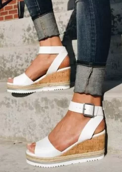 Buckle Strap Peep Toe Wedge Sandals - White -Garment Sale Store SCM015434 4 41849007702538 124