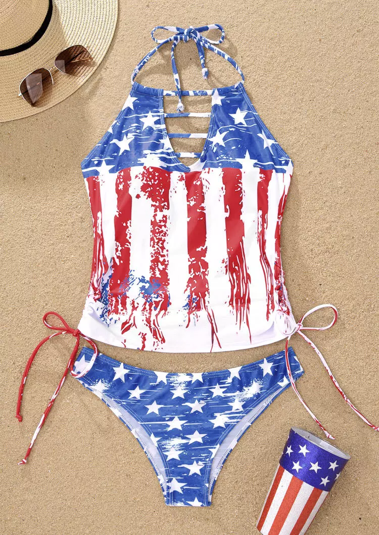 American Flag Hollow Out Drawstring Halter Tankini Set 4 American Flag Hollow Out Drawstring Halter Tankini Set - Image 2