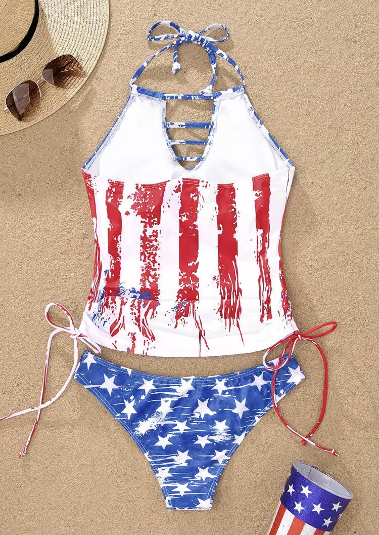 American Flag Hollow Out Drawstring Halter Tankini Set 5 American Flag Hollow Out Drawstring Halter Tankini Set - Image 3