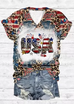 USA Leopard American Flag T-Shirt Tee