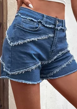 Pocket Button Frayed Hem Denim Shorts - Blue -Garment Sale Store SCM015890 2 50883985449747 124