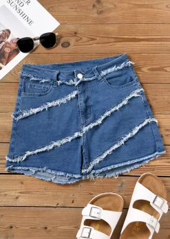 Pocket Button Frayed Hem Denim Shorts - Blue -Garment Sale Store SCM015890 2 50883985545377 124