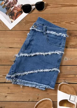 Pocket Button Frayed Hem Denim Shorts - Blue -Garment Sale Store SCM015890 2 50883985608959 124