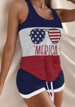 'Merica Flag Color Block Tank And Shorts Pajamas Set