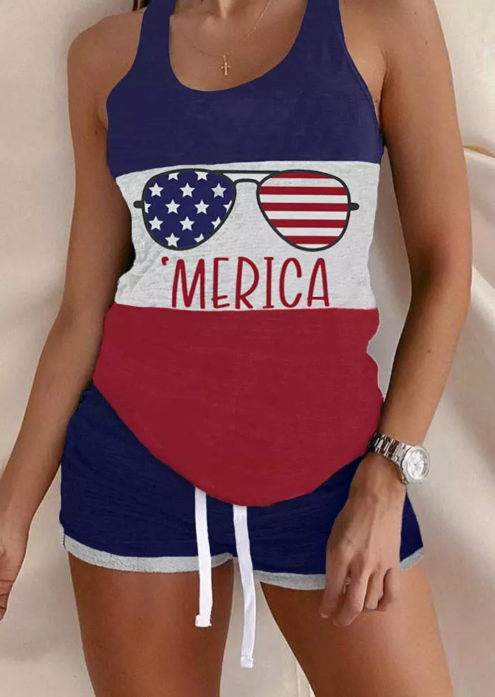 'Merica Flag Color Block Tank And Shorts Pajamas Set 4 'Merica Flag Color Block Tank And Shorts Pajamas Set - Image 2