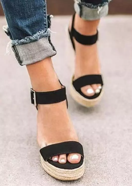 Buckle Strap Round Toe Wedge Sandals - Black 3 Buckle Strap Round Toe Wedge Sandals - Black