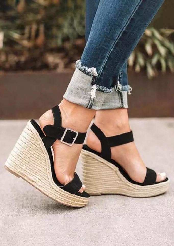 Buckle Strap Round Toe Wedge Sandals - Black 4 Buckle Strap Round Toe Wedge Sandals - Black - Image 2