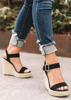 Buckle Strap Round Toe Wedge Sandals - Black 8 Buckle Strap Round Toe Wedge Sandals - Black -Garment Sale Store SCM016074 5 51071840114071 124
