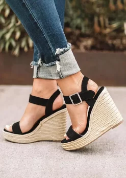 Buckle Strap Round Toe Wedge Sandals - Black 9 Buckle Strap Round Toe Wedge Sandals - Black -Garment Sale Store SCM016074 5 51071840146166 124