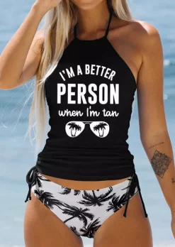 I'm A Better Person When I'm Tan Coconut Tree Glasses Halter Tankini Set - Black