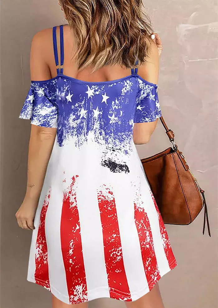American Flag Geometric Hollow Out Ruffled Cold Shoulder Mini Dress 4 American Flag Geometric Hollow Out Ruffled Cold Shoulder Mini Dress - Image 2