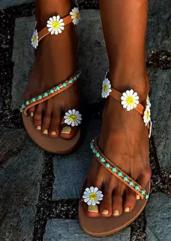 Daisy Turquoise Toe Ring Flat Sandals - Brown