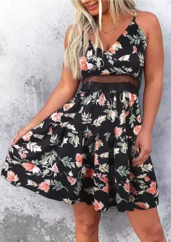 Floral Lace Splicing Open Back Mini Dress