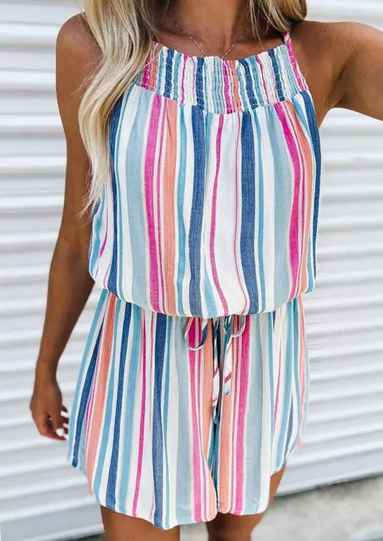 Colorful Vertical Striped Smocked Button Hollow Out Romper 6 Colorful Vertical Striped Smocked Button Hollow Out Romper - Image 4