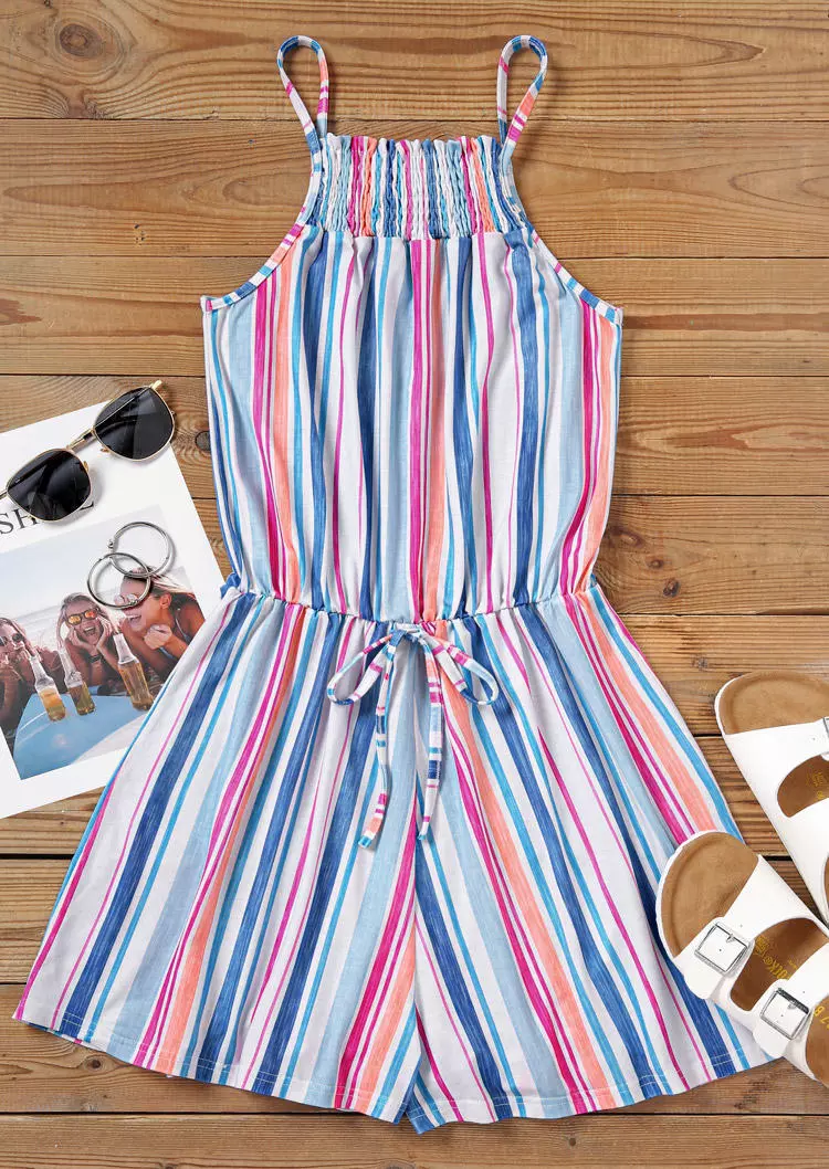 Colorful Vertical Striped Smocked Button Hollow Out Romper 7 Colorful Vertical Striped Smocked Button Hollow Out Romper - Image 5