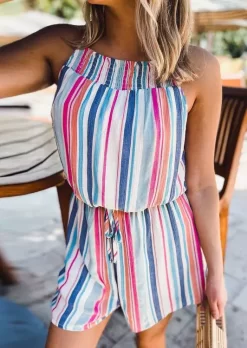 Colorful Vertical Striped Smocked Button Hollow Out Romper