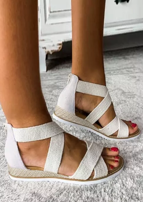 Criss-Cross Zipper Round Toe Wedge Sandals - White 4 Criss-Cross Zipper Round Toe Wedge Sandals - White - Image 2