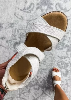 Criss-Cross Zipper Round Toe Wedge Sandals - White