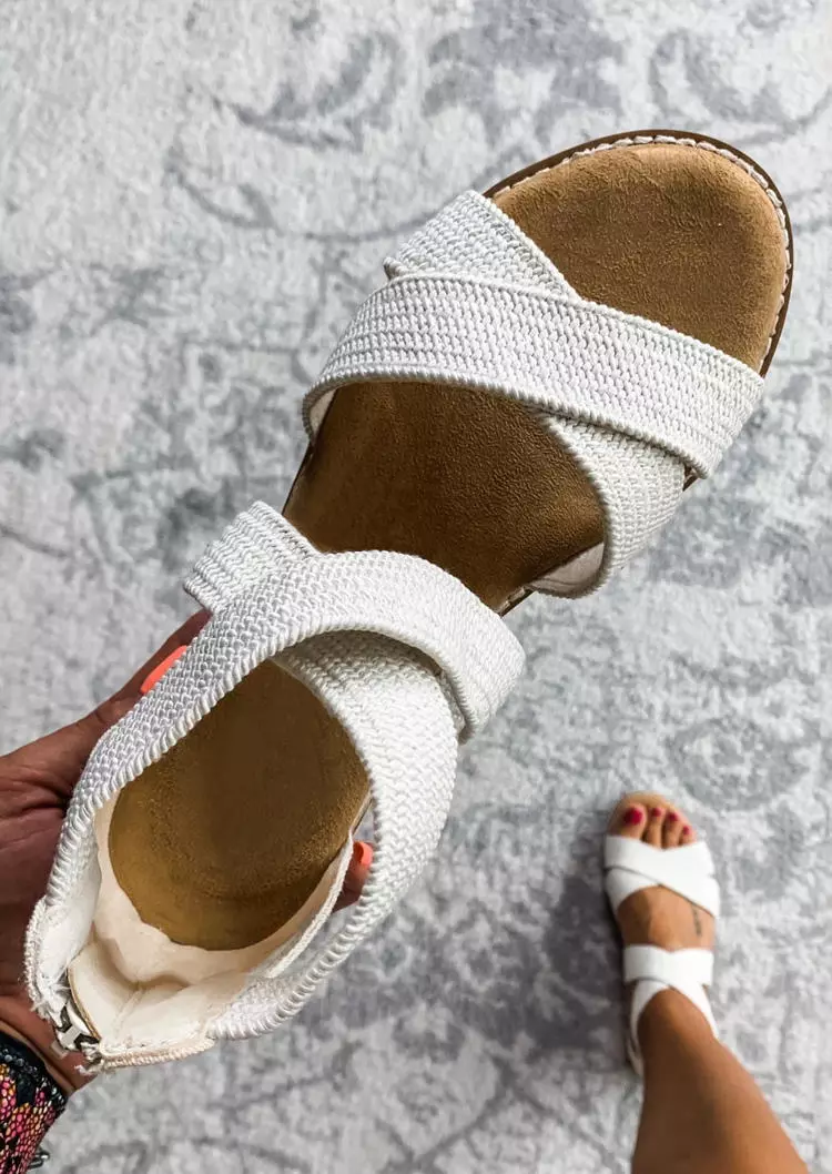 Criss-Cross Zipper Round Toe Wedge Sandals - White 3 Criss-Cross Zipper Round Toe Wedge Sandals - White