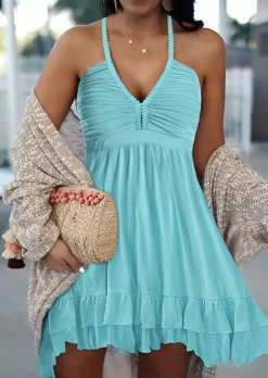 Ruched Open Back Spaghetti Strap Irregular Mini Dress - Light Blue