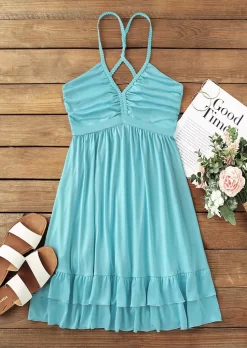 Ruched Open Back Spaghetti Strap Irregular Mini Dress - Light Blue -Garment Sale Store SCM016377 2 53162034871708 124