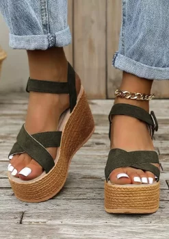 Criss-Cross Buckle Wedge Sandals - Army Green