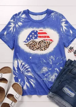 American Flag Leopard Lips Bleached T-Shirt Tee - Blue -Garment Sale Store SCM016875 1 52506389887345 124