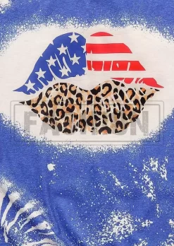American Flag Leopard Lips Bleached T-Shirt Tee - Blue -Garment Sale Store SCM016875 1 52506389948973 124