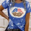 American Flag Leopard Lips Bleached T-Shirt Tee - Blue