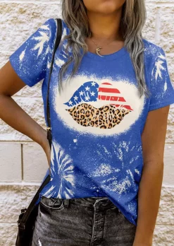 American Flag Leopard Lips Bleached T-Shirt Tee - Blue