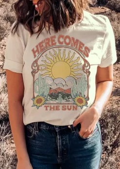 Here Comes The Sun Sunflower T-Shirt Tee - Apricot 7 Here Comes The Sun Sunflower T-Shirt Tee - Apricot -Garment Sale Store SCM016893 3 52514083744728 124