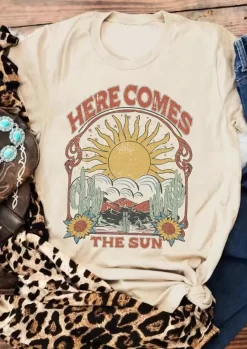 Here Comes The Sun Sunflower T-Shirt Tee - Apricot 8 Here Comes The Sun Sunflower T-Shirt Tee - Apricot -Garment Sale Store SCM016893 3 52514083781350 124