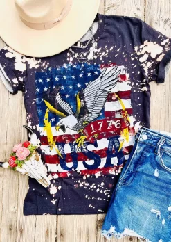 USA 1776 American Flag Eagle T-Shirt Tee - Navy Blue
