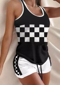 Checkered Tank And Drawstring Shorts Pajamas Set