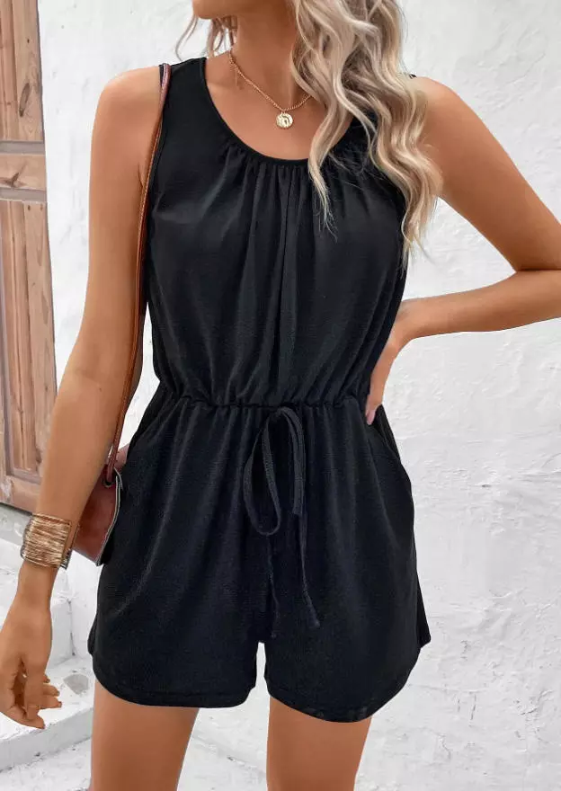 Ruffled Tie Pocket Sleeveless Romper - Black 5 Ruffled Tie Pocket Sleeveless Romper - Black - Image 3