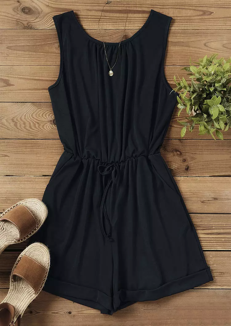 Ruffled Tie Pocket Sleeveless Romper - Black 6 Ruffled Tie Pocket Sleeveless Romper - Black - Image 4