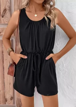 Ruffled Tie Pocket Sleeveless Romper - Black 11 Ruffled Tie Pocket Sleeveless Romper - Black -Garment Sale Store SCM017045 1 60131847356985 124
