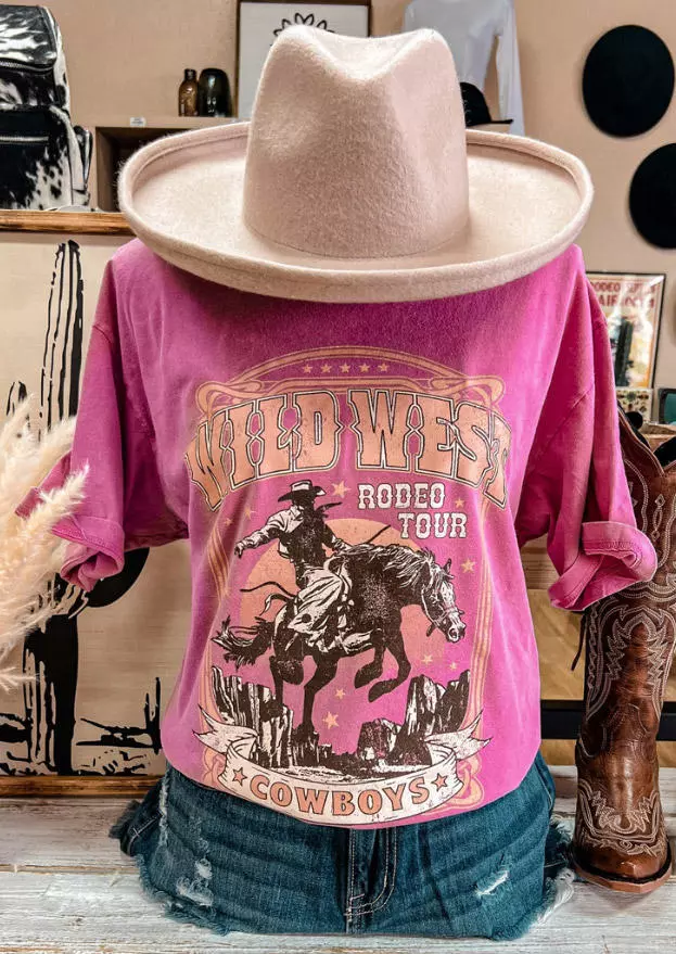 Wild West Rodeo Tour Cowboys O-Neck T-Shirt Tee - Rose Red 4 Wild West Rodeo Tour Cowboys O-Neck T-Shirt Tee - Rose Red - Image 2