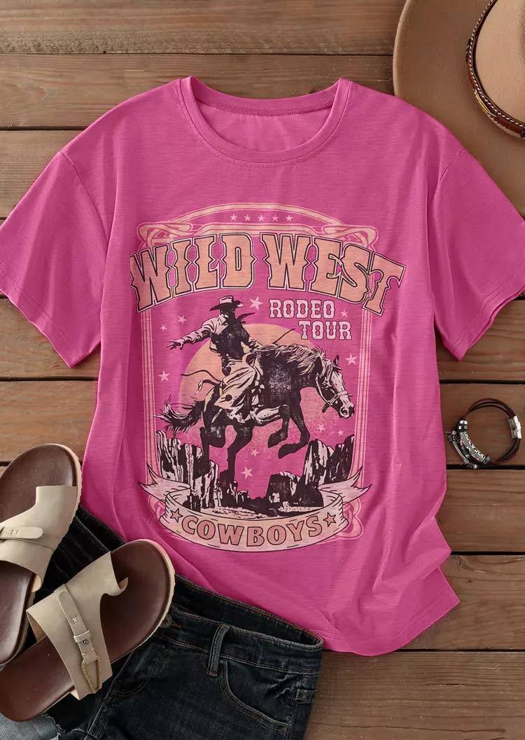 Wild West Rodeo Tour Cowboys O-Neck T-Shirt Tee - Rose Red 5 Wild West Rodeo Tour Cowboys O-Neck T-Shirt Tee - Rose Red - Image 3