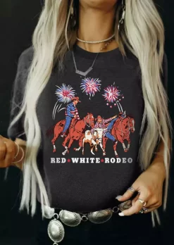 Red White Rodeo O-Neck T-Shirt Tee - Dark Grey