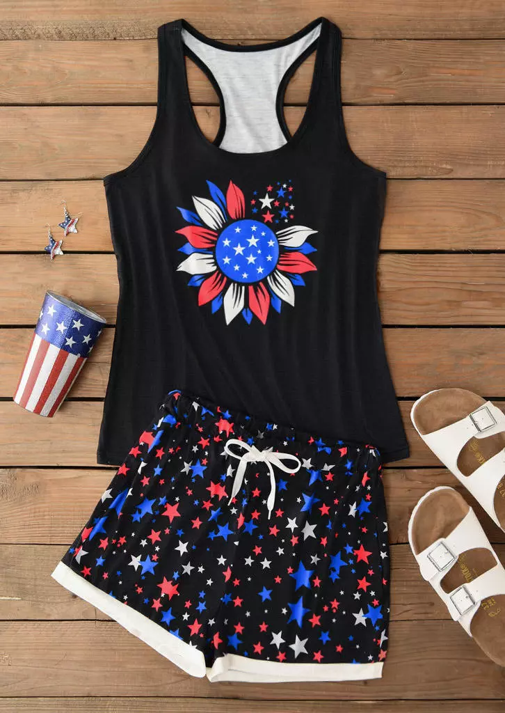 Sunflower Tank And American Flag Shorts Pajamas Set - Black 4 Sunflower Tank And American Flag Shorts Pajamas Set - Black - Image 2
