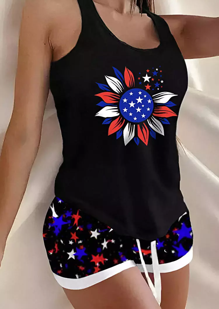 Sunflower Tank And American Flag Shorts Pajamas Set - Black 3 Sunflower Tank And American Flag Shorts Pajamas Set - Black