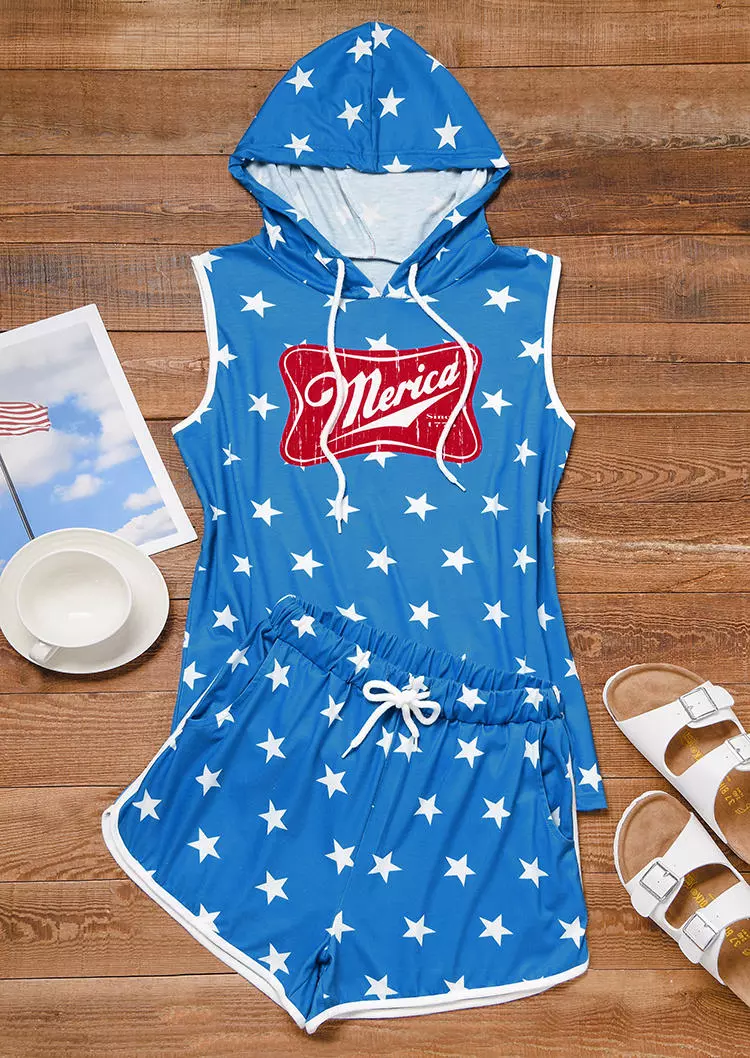 Merica Star Hooded Tank And Shorts Pajamas Set - Blue 4 Merica Star Hooded Tank And Shorts Pajamas Set - Blue - Image 2