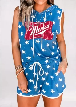 Merica Star Hooded Tank And Shorts Pajamas Set - Blue