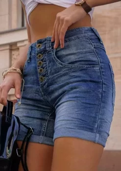 Button Pocket Denim Shorts - Blue