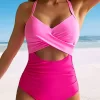 Hollow Out Criss-Cross Tie One-Piece Swimsuit - Rose Red