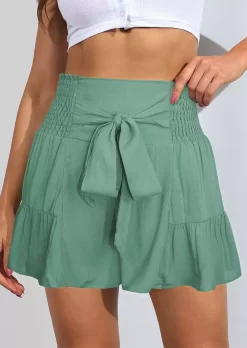 Ruffled Smocked Tie Shorts - Green