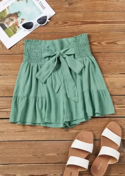 Ruffled Smocked Tie Shorts - Green 11 Ruffled Smocked Tie Shorts - Green -Garment Sale Store SCM017593 4 60823752903887 124