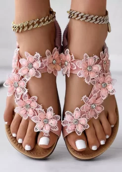 Floral Flip Flops Flat Sandals Without Anklet - Pink