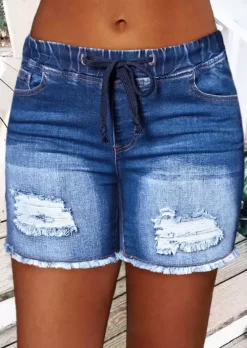 Frayed Hem Pocket Ripped Denim Shorts - Blue -Garment Sale Store SCM017835 3 62187870091526 124